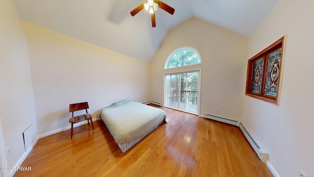 109 Lake Dr, Dingmans Ferry, PA 18328 - bedroom with access to outside, a baseboard radiator, light wood-type flooring, ceiling fan, and high vaulted ceiling
