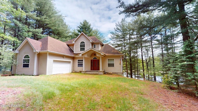 109 Lake Dr, Dingmans Ferry, PA 18328 - view of front of home featuring an attached garage, a shingled roof, a front lawn, and driveway