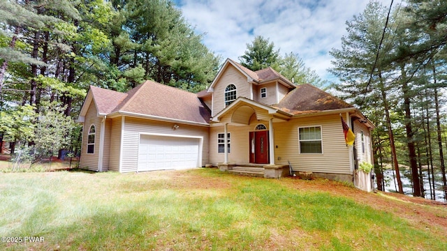 109 Lake Dr, Dingmans Ferry, PA 18328 - view of front of home featuring a garage, roof with shingles, a front lawn, and driveway
