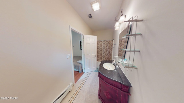 109 Lake Dr, Dingmans Ferry, PA 18328 - full bath featuring a baseboard heating unit, vanity, lofted ceiling, and a shower with curtain