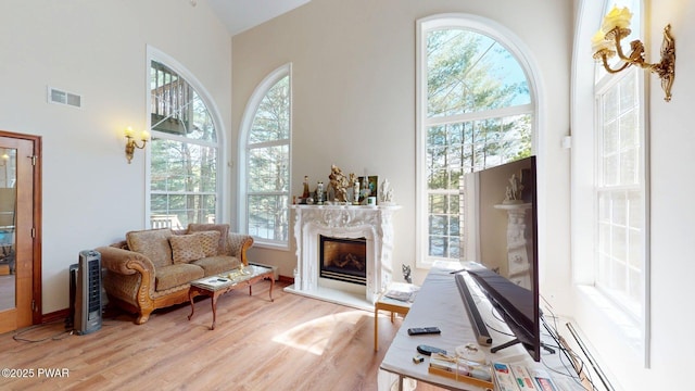 109 Lake Dr, Dingmans Ferry, PA 18328 - living area featuring wood finished floors, a high ceiling, a baseboard heating unit, and a high end fireplace