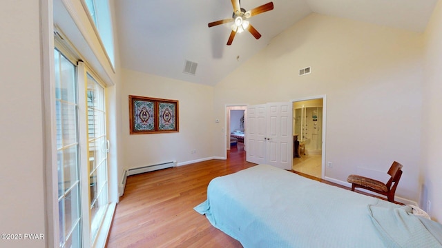 109 Lake Dr, Dingmans Ferry, PA 18328 - bedroom with high vaulted ceiling, light wood-style floors, ensuite bath, a baseboard heating unit, and ceiling fan