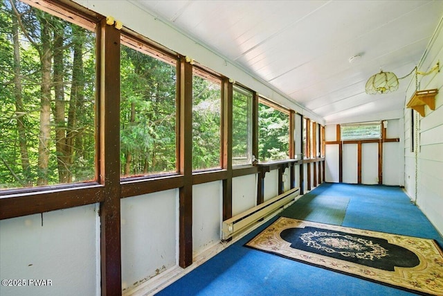 36 Rolling Acres Rd, Lake Ariel, PA 18436 - unfurnished sunroom with carpet, baseboard heating, and vaulted ceiling