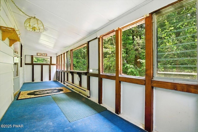 36 Rolling Acres Rd, Lake Ariel, PA 18436 - unfurnished sunroom featuring a baseboard heating unit, carpet flooring, and lofted ceiling