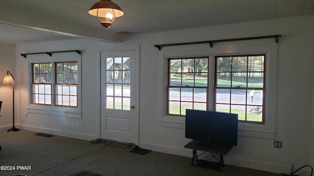 doorway with beam ceiling, a wealth of natural light, and carpet floors