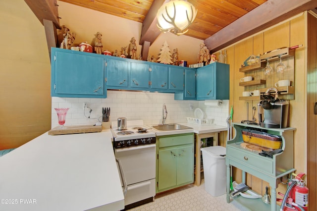 111 Blueridge Ln, Lords Valley, PA 18428 - kitchen featuring white range with electric stovetop, wood ceiling, decorative backsplash, and light countertops