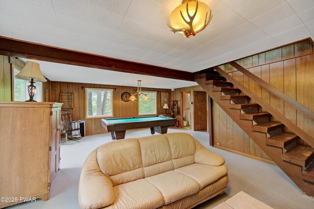 111 Blueridge Ln, Lords Valley, PA 18428 - recreation room with carpet floors, wood walls, billiards table, and beamed ceiling