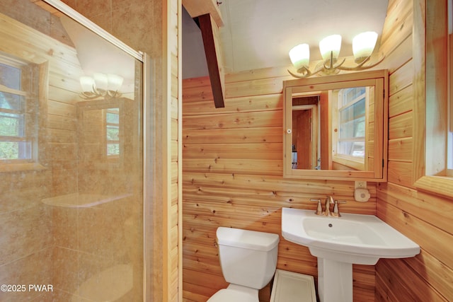 111 Blueridge Ln, Lords Valley, PA 18428 - bathroom with a stall shower, a chandelier, and wooden walls