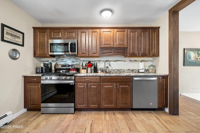 kitchen with tasteful backsplash, a sink, appliances with stainless steel finishes, baseboard heating, and light wood-style flooring