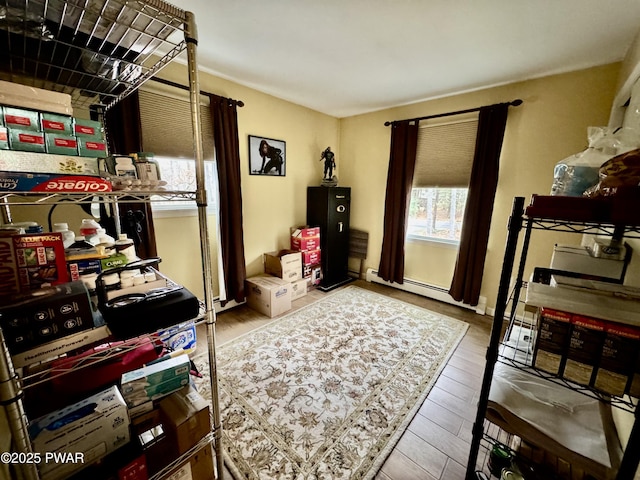 interior space featuring baseboard heating and wood finished floors
