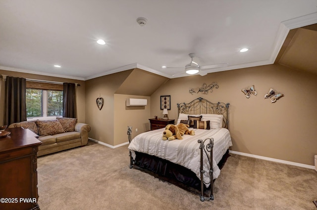 bedroom featuring recessed lighting, baseboards, light colored carpet, and a wall mounted AC