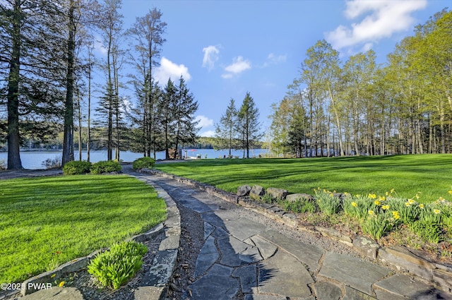 view of property's community with a lawn and a water view