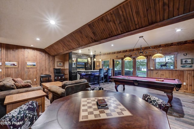 playroom featuring recessed lighting, pool table, and wood walls