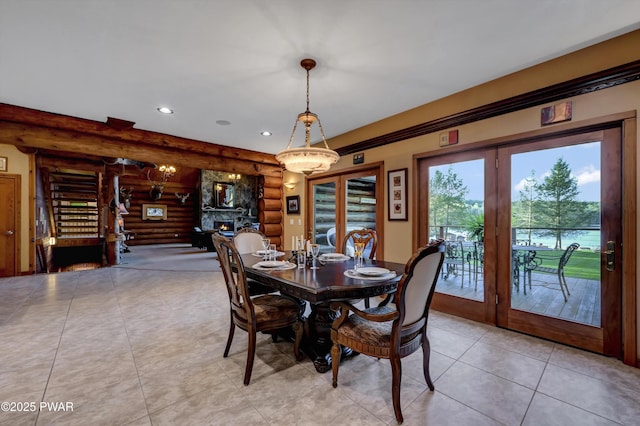 dining area featuring french doors, recessed lighting, log walls, and light tile patterned floors