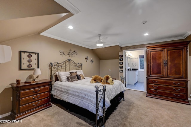 bedroom featuring ceiling fan, crown molding, vaulted ceiling, light carpet, and recessed lighting