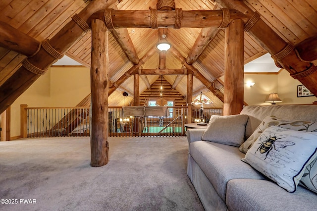 living room with an inviting chandelier, wooden ceiling, vaulted ceiling with beams, and carpet