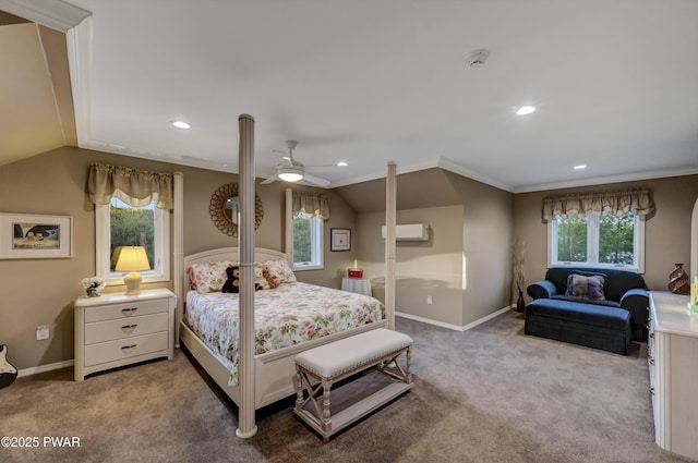 bedroom featuring multiple windows, vaulted ceiling, and carpet flooring