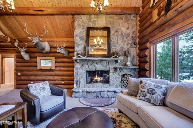 living area with rustic walls, beam ceiling, a fireplace, wood ceiling, and a notable chandelier