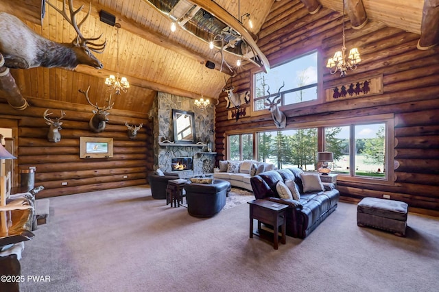 carpeted living area with wooden ceiling, a fireplace, high vaulted ceiling, and a notable chandelier