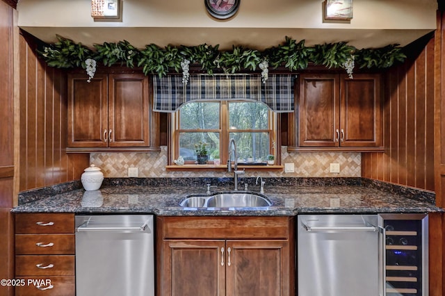 kitchen with a sink, wine cooler, dishwasher, and tasteful backsplash