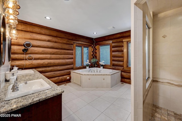 bathroom featuring double vanity, a bath, a sink, rustic walls, and tiled shower