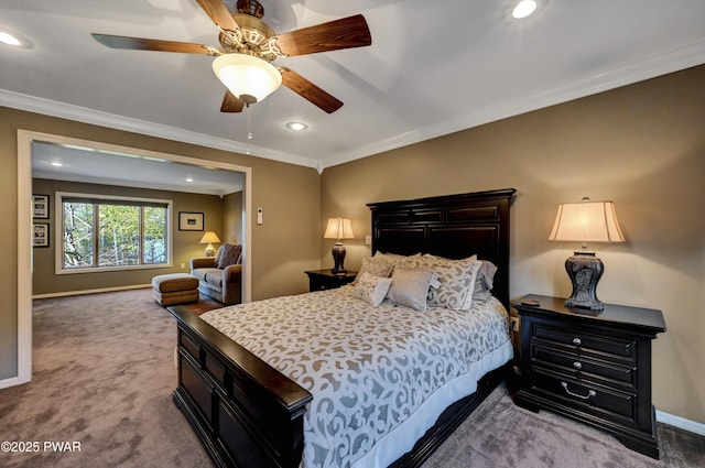 carpeted bedroom with recessed lighting, baseboards, and ornamental molding