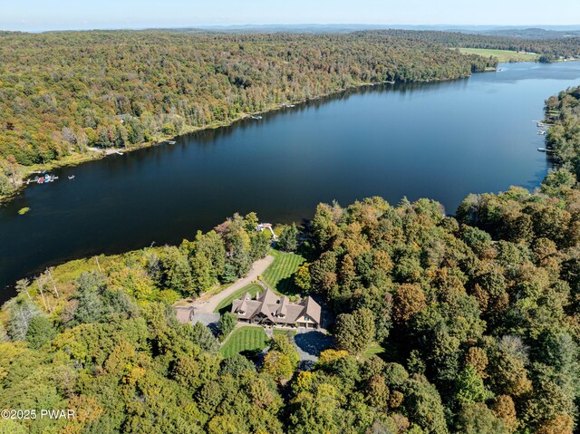 birds eye view of property featuring a water view and a view of trees