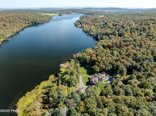 aerial view featuring a water view and a wooded view
