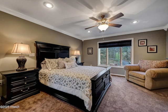 bedroom with recessed lighting, ornamental molding, carpet, and baseboards