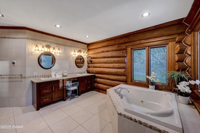 bathroom with vanity, tile patterned flooring, rustic walls, recessed lighting, and a whirlpool tub