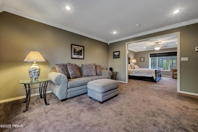 carpeted living area featuring crown molding, recessed lighting, and baseboards