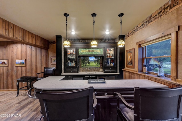 bar featuring wooden walls, a sink, pendant lighting, and wood finished floors