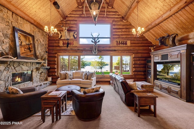 carpeted living area with high vaulted ceiling, an inviting chandelier, wooden ceiling, and beam ceiling