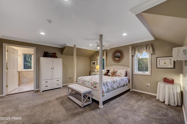 bedroom featuring recessed lighting, baseboards, vaulted ceiling, and carpet flooring