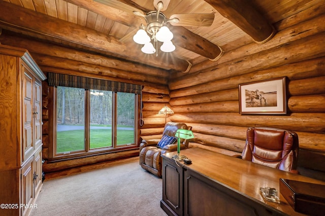 carpeted office space with a ceiling fan, wood ceiling, and beamed ceiling