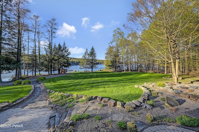 view of home's community featuring a lawn and a water view