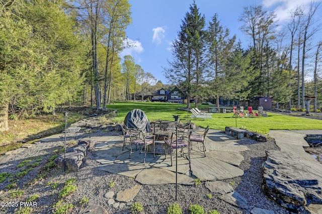 view of patio / terrace featuring an outdoor fire pit