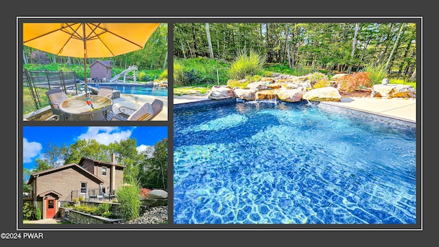 view of pool featuring a storage shed