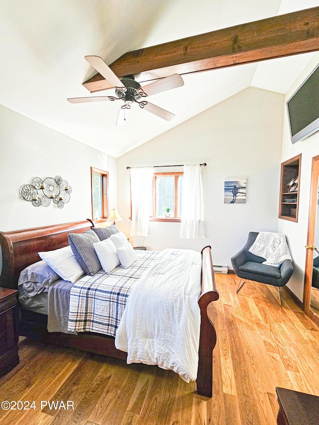 bedroom featuring ceiling fan, lofted ceiling with beams, and hardwood / wood-style flooring