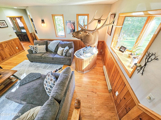 living room featuring wood walls and light hardwood / wood-style flooring