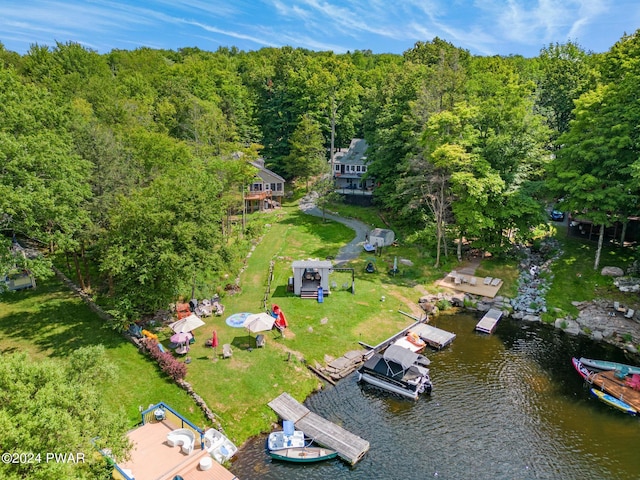 birds eye view of property featuring a water view