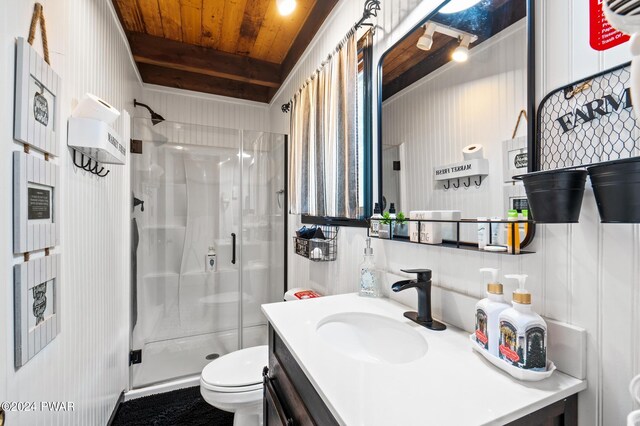 bathroom featuring vanity, toilet, wooden ceiling, and walk in shower