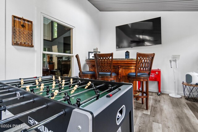 playroom featuring bar and hardwood / wood-style flooring