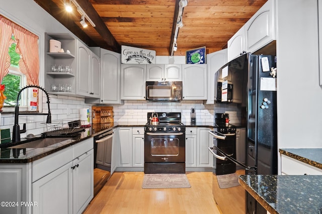 kitchen with black appliances, white cabinets, wood ceiling, and sink