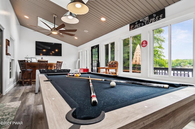 playroom with ceiling fan, wood ceiling, dark hardwood / wood-style floors, and billiards