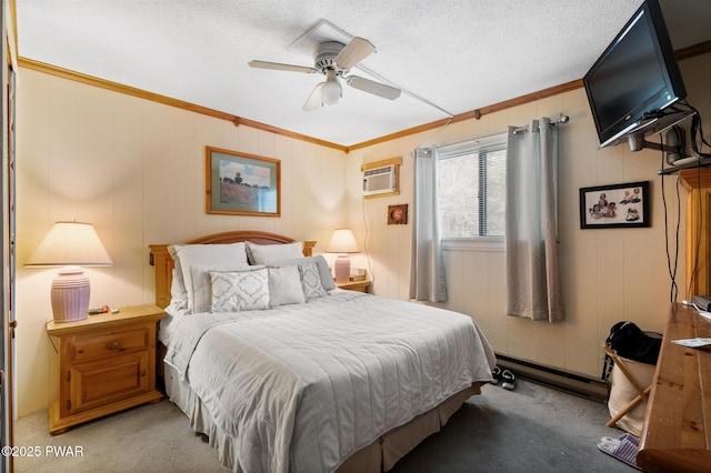 bedroom featuring ceiling fan, a wall mounted air conditioner, light carpet, and a textured ceiling