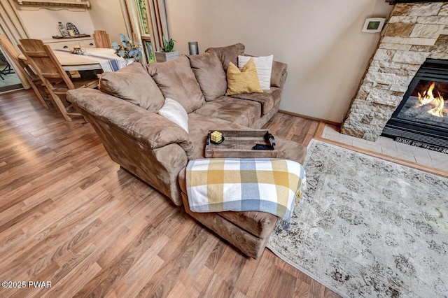 living room with hardwood / wood-style floors and a fireplace