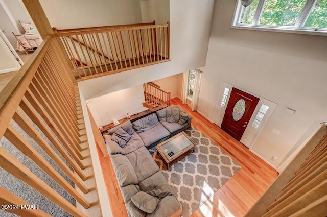 living room with hardwood / wood-style floors and a high ceiling