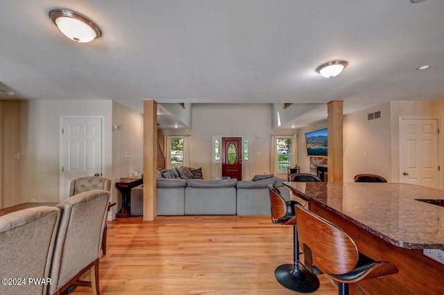 living room with light hardwood / wood-style floors, a stone fireplace, and a wealth of natural light