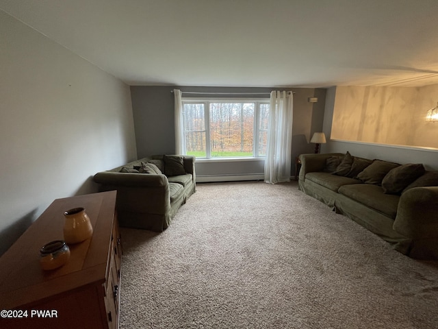 living room with carpet and a baseboard heating unit